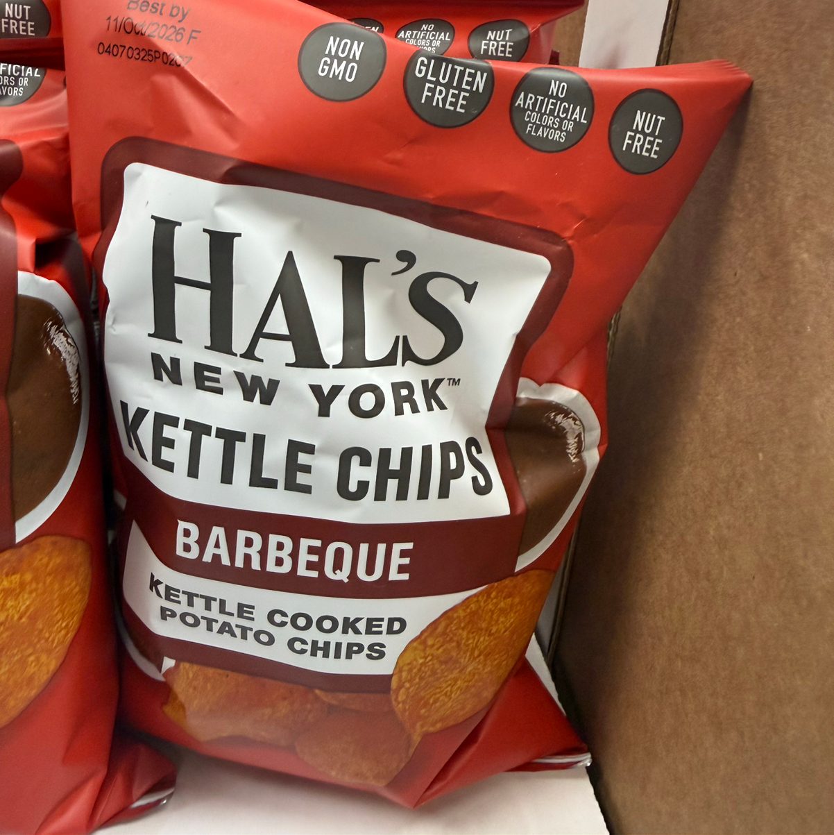 Hal’s famous new york chips BBQ kettle chips.