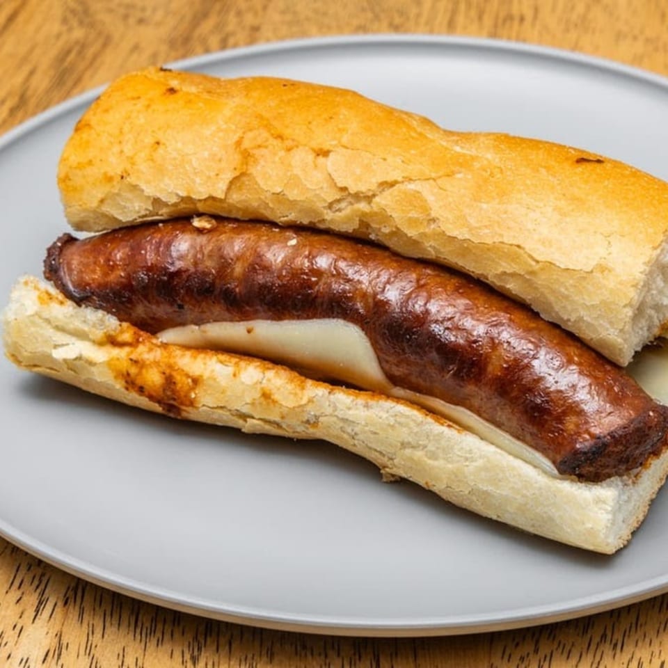 A grilled sausage sub sandwich with melted cheese on a light gray plate from Lee's Deli.