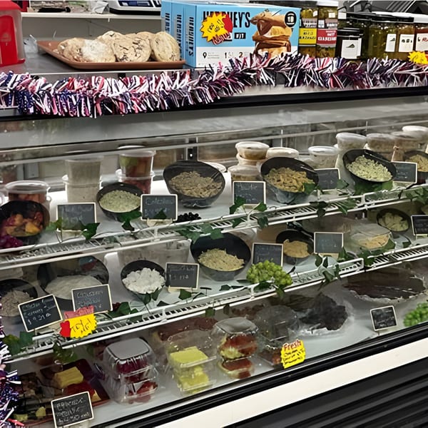 A deli display case at Lee's Deli filled with various salads, desserts, and packaged foods.