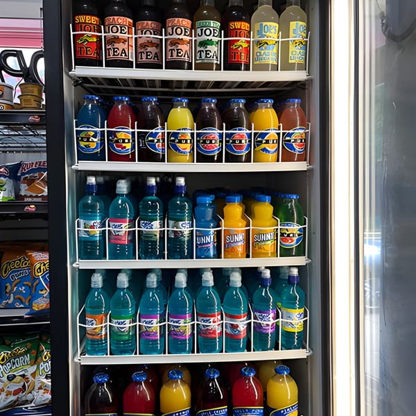 A refrigerated display case at Lee's Deli filled with various bottled drinks and snacks.