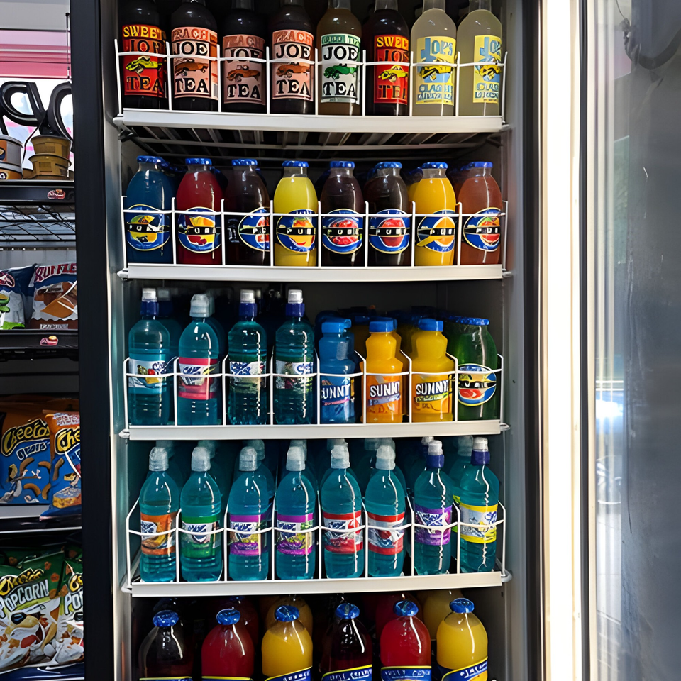 A refrigerated display case at Lee's Deli filled with various bottled drinks and snacks.
