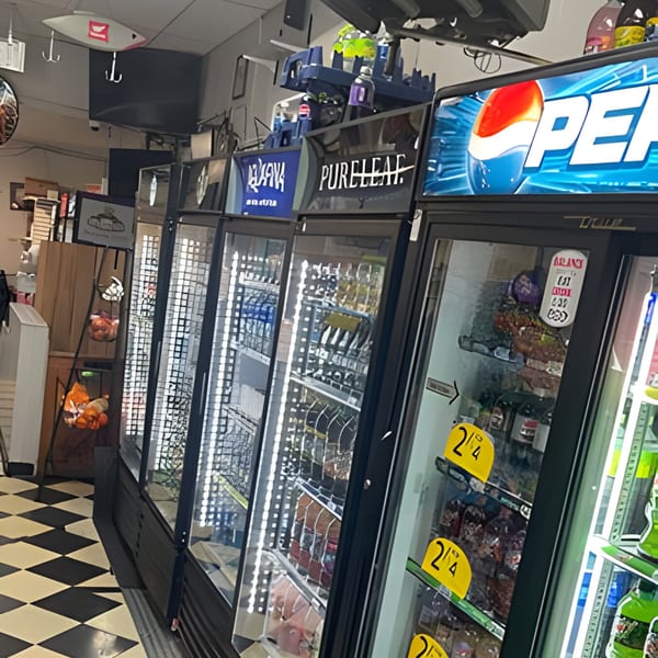 A row of refrigerated display cases with drinks and snacks inside Lee's Deli.