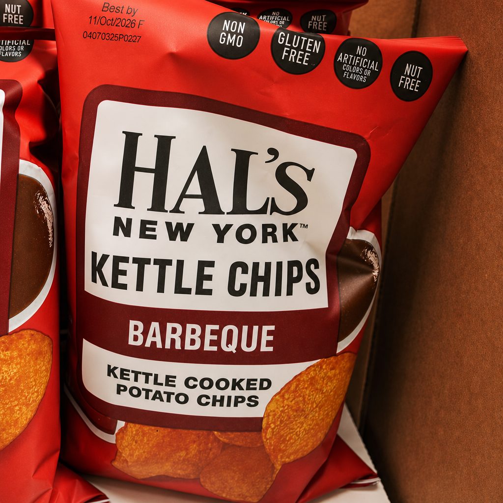 Hal’s famous new york chips BBQ kettle chips.